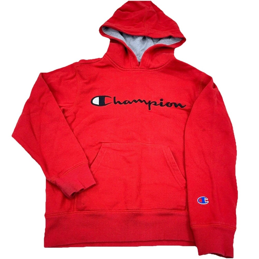 Champion Hoodie Boys Small Red Black Sweatshirt Sweater Spell Out Logo Youth **